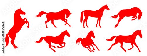 A collection of elegant red horse silhouettes in various dynamic poses. Perfect for equestrian designs, logo concepts, or decorative graphic projects with a bold and energetic style.