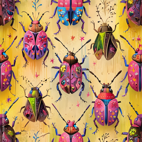 Colorful insect art: Vibrant colors and folkloric shapes bring nature to life.