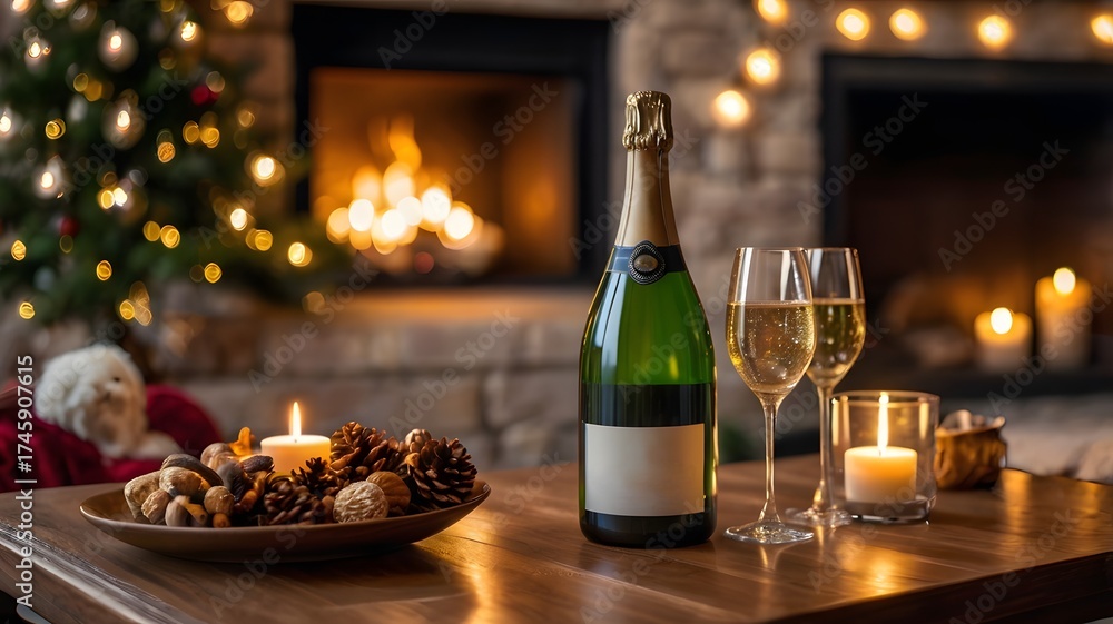 Naklejka premium Warmly lit cozy living room with fireplace candles glasses and a bottle of champagne. Copy space, place for text on the label of the bottle. Cozy Christmas concept.