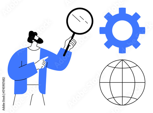 Person holding magnifying glass next to gear and globe, exploring innovation, problem-solving, global research. Ideal for analysis, data, efficiency, technology, globalization collaboration simple