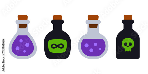 Halloween potion bottles with colorful liquids and spooky symbols. Magical elixirs illustration perfect for fantasy, witchcraft and holiday design themes. Flat vector. Isolated background. Hand drawn.
