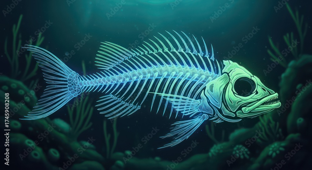 Fototapeta premium Anatomical representation of a fish skeleton in deep sea waters with coral reefs
