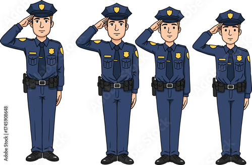 Cartoon police officer characters, saluting pose, blue uniform, badge and belt gear, vector illustration for animation, law enforcement, stock image