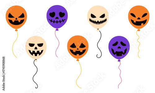 Simple colorful Halloween balloons with spooky pumpkin and skull faces. Festive illustration perfect for Halloween party, decoration and seasonal design projects.  Flat vector set. Hand drawn.