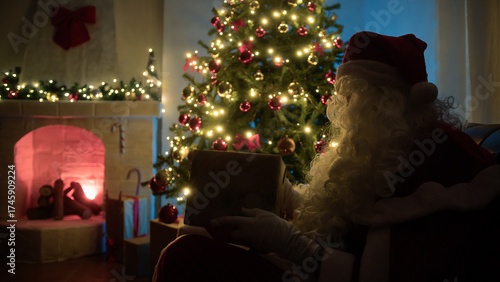 Silhouette Of Seated Santa Claus Holds A Gift In Front Of Christmas Tree