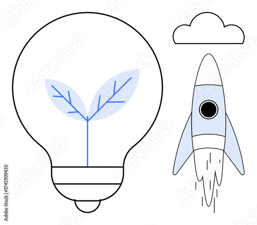 Light bulb with sprouting leaves, a rocket launching, and a cloud represent innovation, growth, eco-friendly ideas, sustainability, creativity, progress and future development. Ideal for simple flat