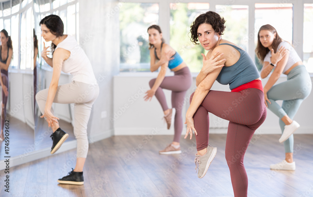 Naklejka premium Active females exercising dance moves in a modern dance studio