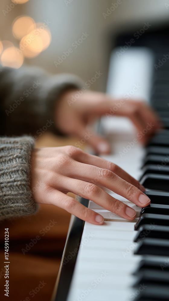 Obraz premium Teen girl practicing piano with metronome for music learning and skill development