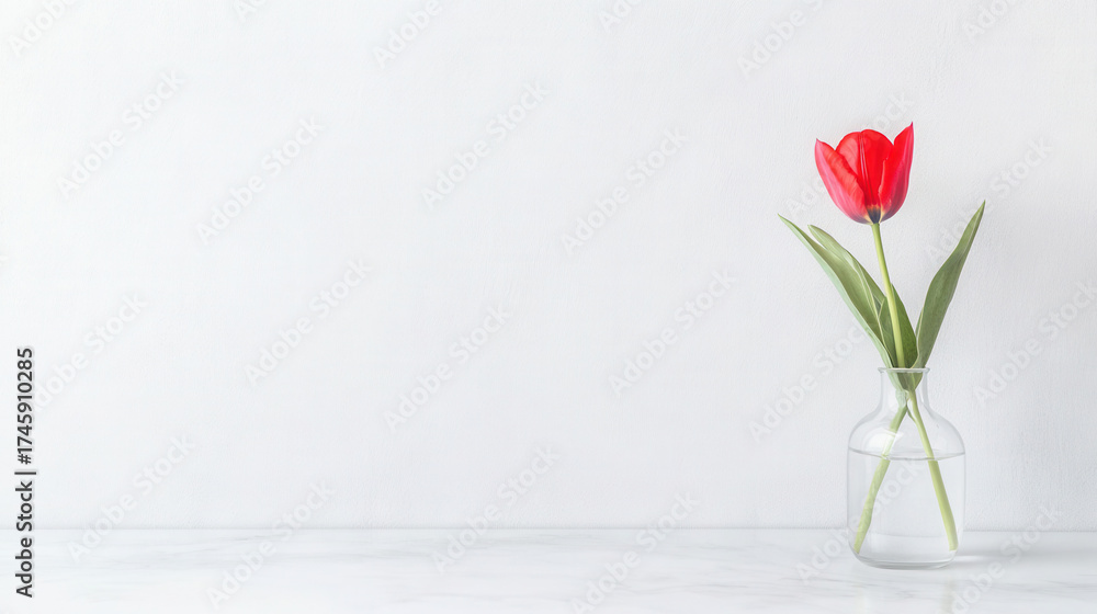 Fototapeta premium Minimalist still life with a single red tulip in clear vase on white background