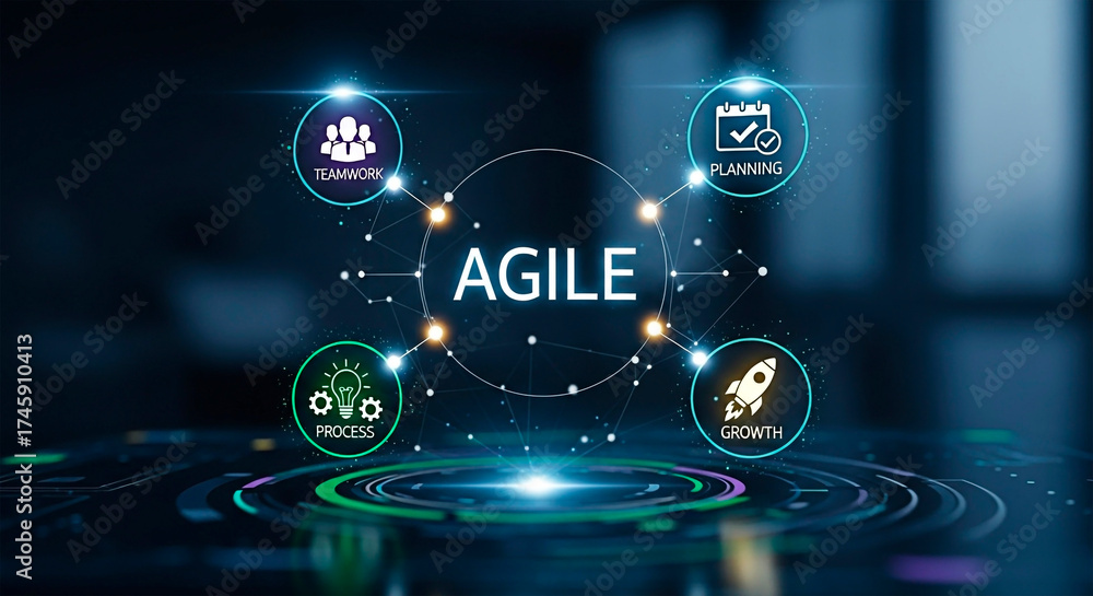 Fototapeta premium Illustrating the concept of the agile methodology with linked circular icons. Represents community, planning, process and growth.