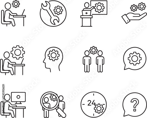 People working with gears and tools computer desk