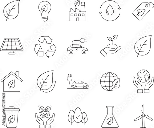 Eco friendly icons depicting nature and sustainability leaf lightbulb