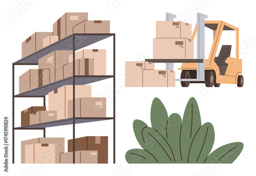 Cardboard boxes stored neatly on shelving units and being moved by a forklift. Ideal for logistics, transportation, warehouse efficiency, inventory management, shipping, organization, and industrial