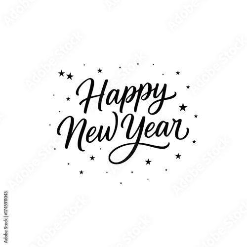 Happy New Year Handwritten Calligraphy with Stars on White Background