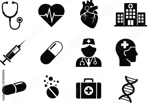 Collection of black medical icons representing doctor, medicine, heart, hospital, and health symbols. Ideal for hospital branding, clinic design, medical infographics, and pharmaceutical illustrations