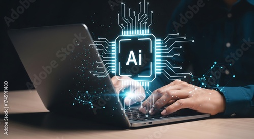 Wallpaper Mural Hands typing on a laptop with an AI chip graphic overlay representing artificial intelligence machine learning and technology concepts on transparent background Torontodigital.ca