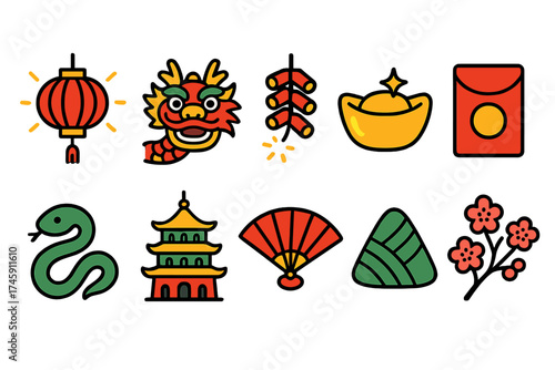 Chinese new year, festival flat icon set. celebratory culture symbols flat collection
