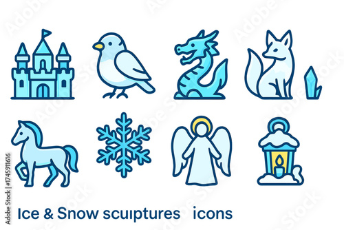 Winter wonderland filled icon set. ice, snow, sculptures, animals in filled style.