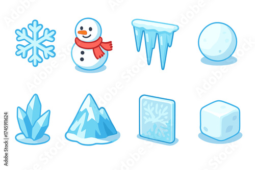 Winter, snow cartoon icon set. frosty and ice icons with playful cartoon style