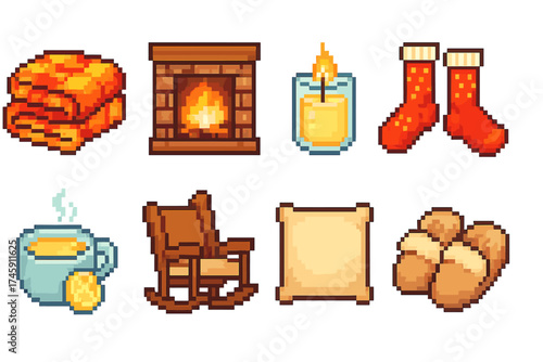 Cozy winter flat icon set. warmth, comfort, hygge icons in flat style collection.