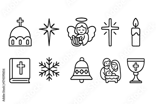 Christmas religious icon set. winter holiday theme, outline, nativity, candle icons