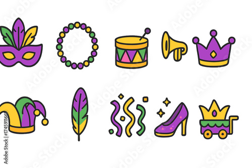 Mardi gras, carnival filled icon set. celebration, festive party symbols collection