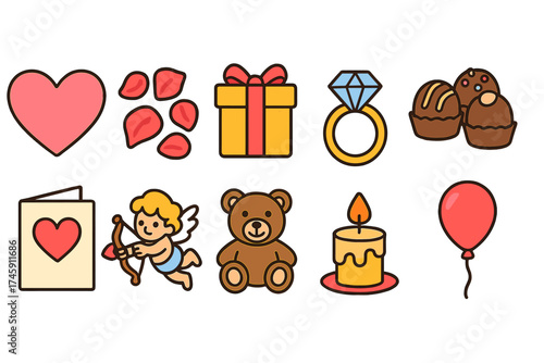 Valentine's day filled icon set with gifts, love symbols, and romantic elements