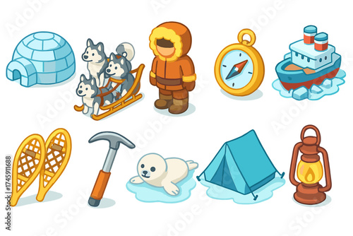 Winter adventures icon set. arctic, exploration, camping icons in filled style.