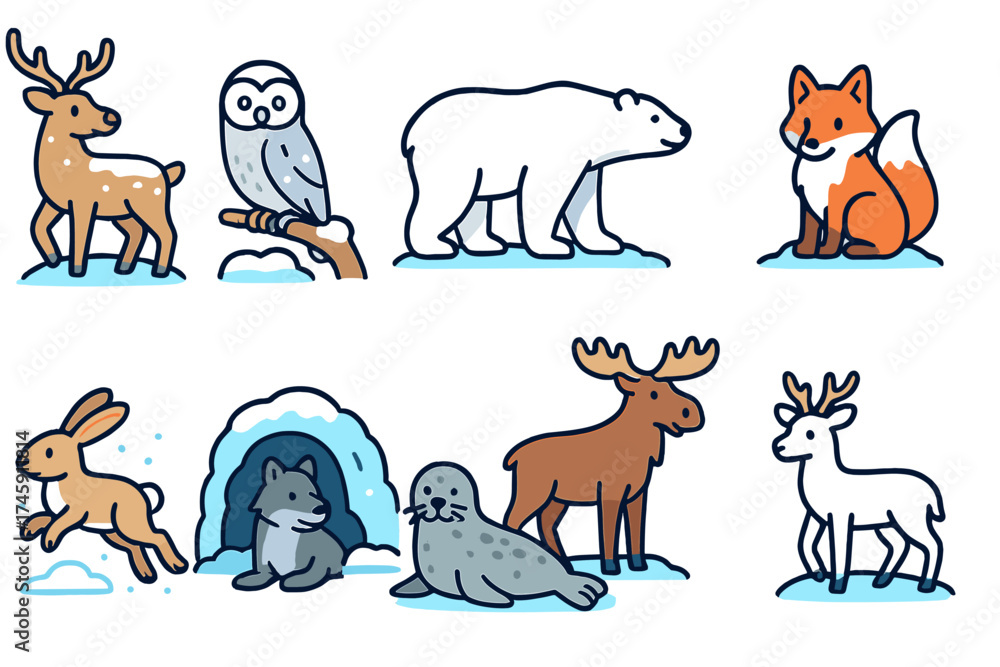Fototapeta premium Wildlife, nature line icon set. deer, fox, owl, and bear animal line collection