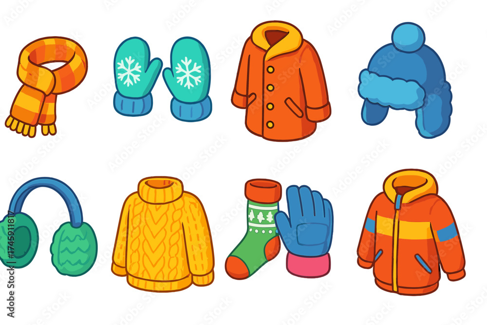 Fototapeta premium Winter clothing flat icon set. cozy apparel, cold weather gear, accessories visual pack.
