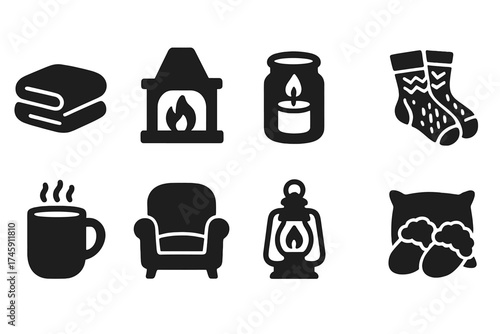 Cozy winter silhouette icon set. warm, hearth, comfort silhouettes for seasonal projects.