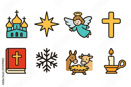 Christmas and nativity solid icon set. holiday, religious symbols in solid style.