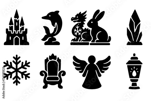Winter silhouette icon set. snowflakes, castles, animals winter silhouettes collection