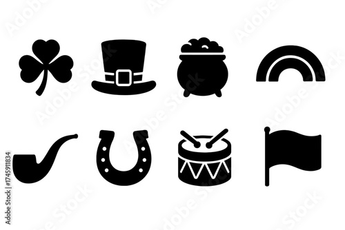 St. patrick's day silhouette icon set. irish, lucky symbols in silhouette style collection