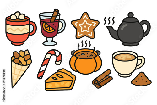 Holiday treats icon set. festive desserts and drinks in a filled style collection.