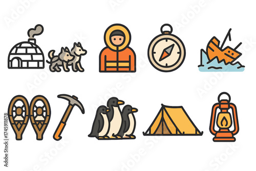 Arctic adventure flat icon set. explore winter, camping, wildlife, and exploration icons