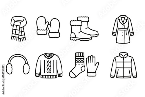 Winter clothing outline icon set. cozy, warm attire and accessories outline collection