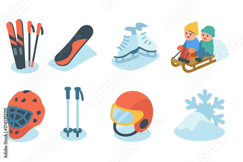 Winter sports icon set for skiing and snowboarding activities in gradient style