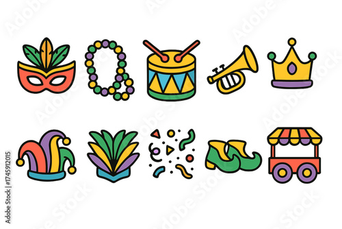 Carnival festival filled icon set. masks, drums, crowns, mardi gras parade icons
