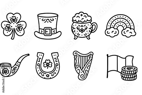St. patrick's day outline icon set: shamrock, hat, pot of gold, rainbow, pipe, horseshoe
