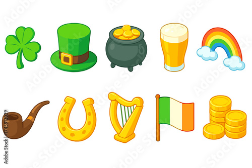 St. patrick’s day flat icon set. irish symbols, holiday decorations, festive collection.