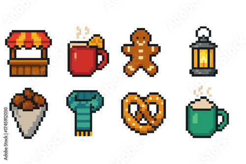 Winter, holiday pixel icon set: warm drinks, treats, cozy sweater in retro style