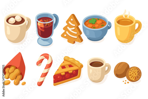 Winter holiday 3d icon set. hot drinks, festive food icons collection