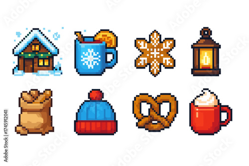 Winter-themed pixel icon set for cozy holiday and seasonal designs