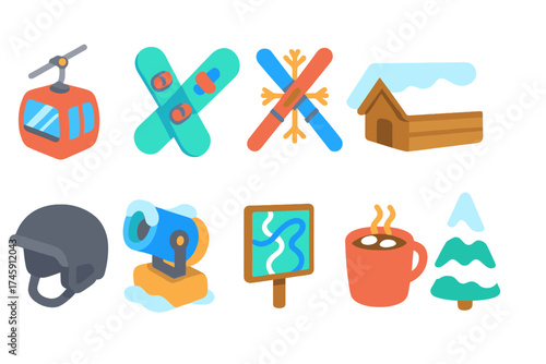 Winter sports and activities icon set. flat collection for skiing and snowboarding