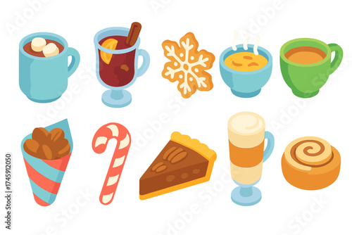 Winter treats icon set. cozy, hot beverage, dessert icons in flat design
