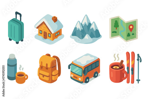 Travel, winter, and tourism filled icon set with ski, map, and cabin symbols.