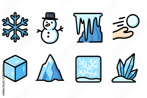 Winter and ice theme icon set. snow, mountain, and snowflake icons in flat style