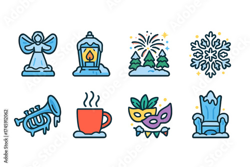 Winter holiday flat icon set. festive, seasonal symbols for celebration and decoration