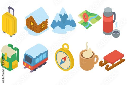 Winter activities 3d icon set: skiing, snowboarding, travel, adventure, winter sports